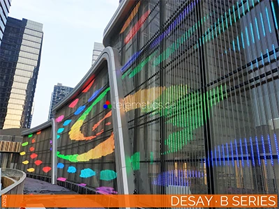 Desay B Series outdoor LED curtain for creative applications, featuring lightweight strips, frame or cable mounting, and high brightness.
