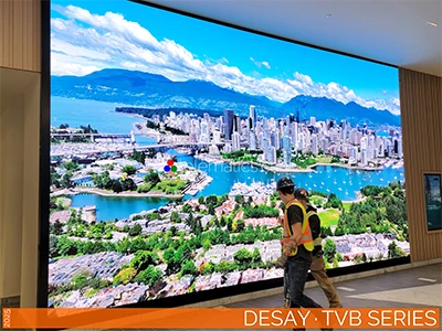 Desay TVB Series ultra-slim indoor LED panels for corporate boardrooms and lobbies, with high resolutions and French Cleave mounting.