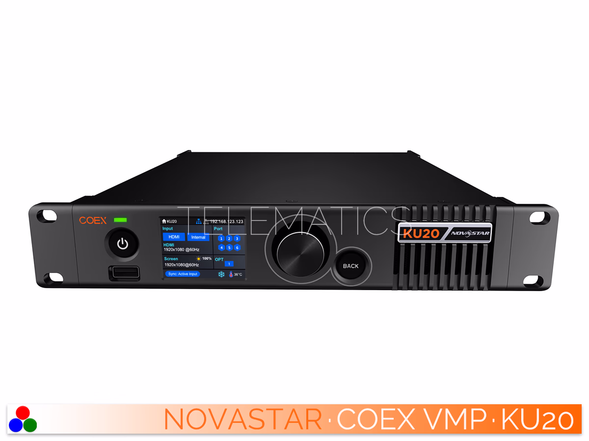 The Art Of Control · NovaStar COEX Series · Telematics Canada Angled right front view of NovaStar COEX KU20 LED display controller featuring the LCD screen and control knob.