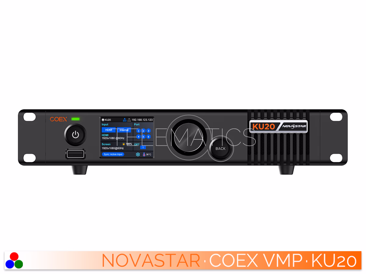 The Art Of Control · NovaStar COEX Series · Telematics Canada Straight front view of NovaStar COEX KU20 LED display controller with standby button, USB port, and LCD interface.