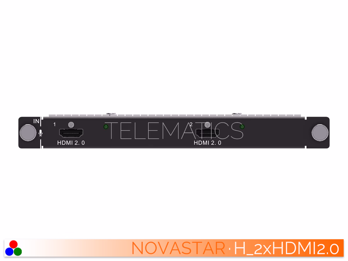 The Art Of Control · NovaStar H Series · Telematics Canada Front view of the NovaStar H-Series 2x HDMI 2.0 input card module.
