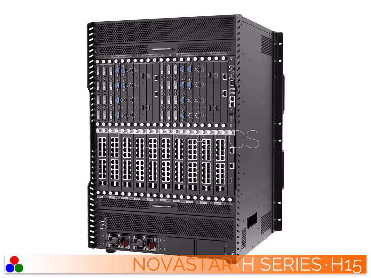The Art Of Control · NovaStar H Series · Telematics Canada Angled left front view of the NovaStar H15 video wall splicer showcasing the rack-mountable chassis and central LCD screen.