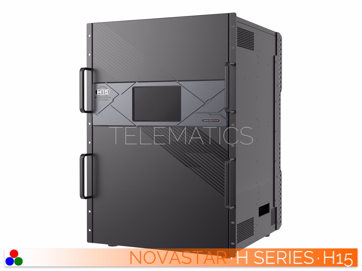 The Art Of Control · NovaStar H Series · Telematics Canada Direct front panel view of the NovaStar H15 video wall splicer displaying the active LCD touchscreen menu interface.