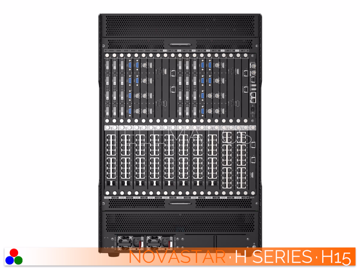 The Art Of Control · NovaStar H Series · Telematics Canada Elevated left rear view of the NovaStar H15 video wall splicer showing chassis depth and populated I/O card slots.