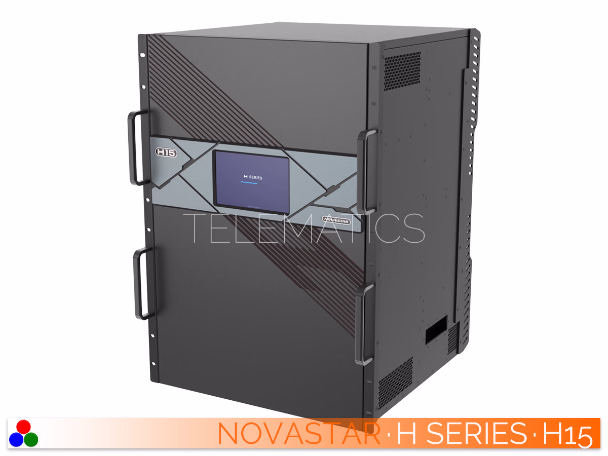 The Art Of Control · NovaStar H Series · Telematics Canada Straight rear panel view of the NovaStar H15 video wall splicer showcasing populated modular slots and power connections.