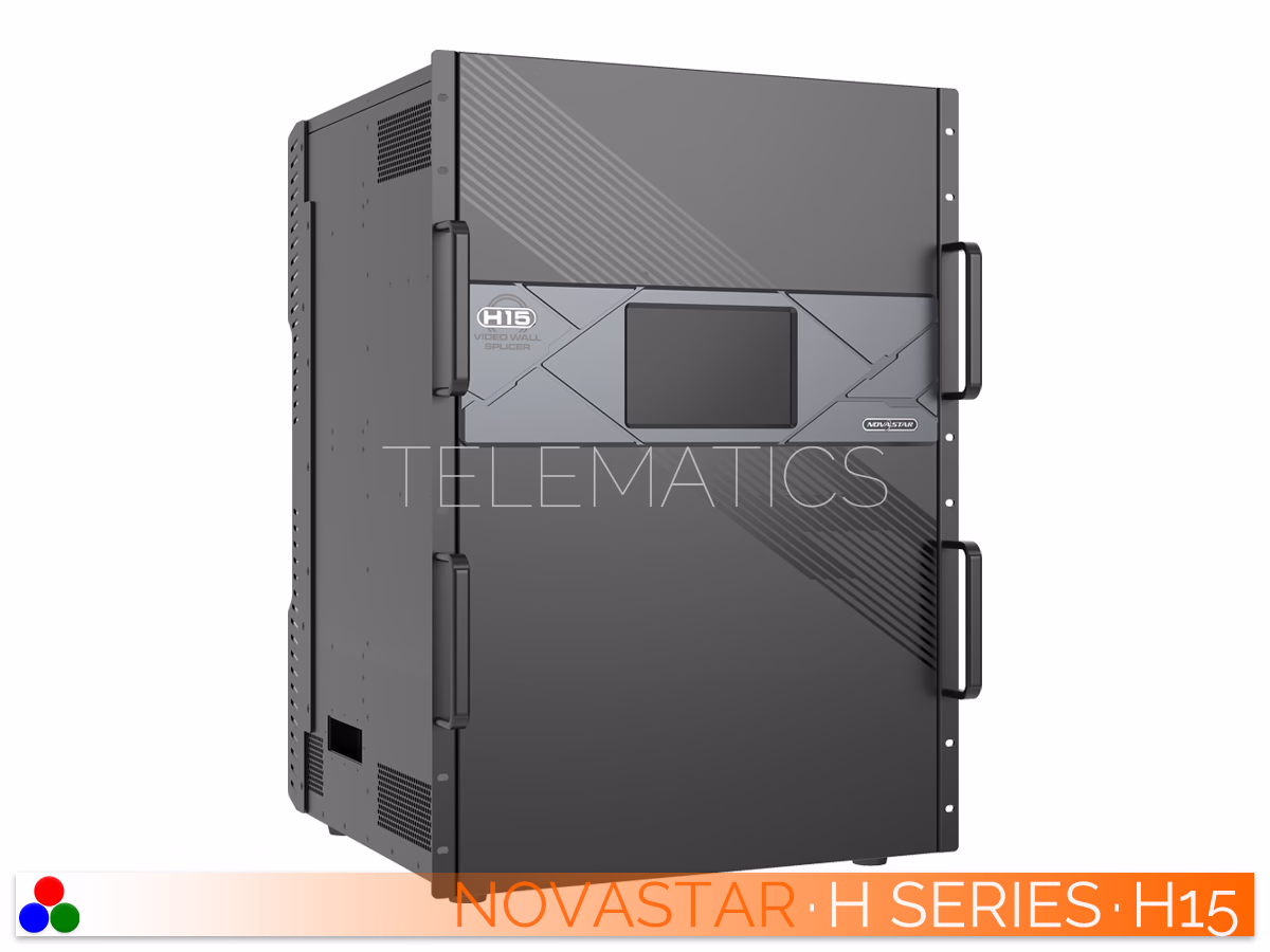 The Art Of Control · NovaStar H Series · Telematics Canada Straight rear panel view of the NovaStar H15 video wall splicer displaying populated modular input and output card slots alongside redundant power supplies.