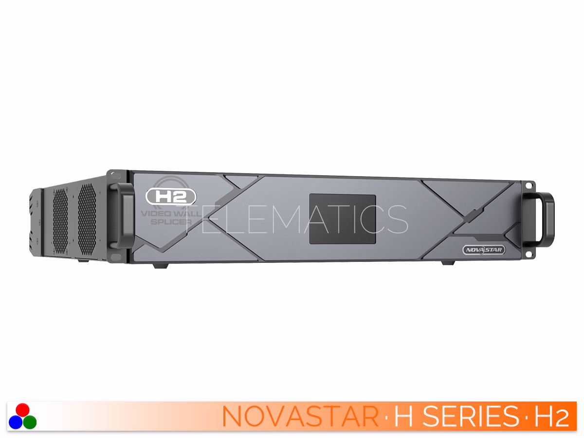 The Art Of Control · NovaStar H Series · Telematics Canada Straight front panel view of the NovaStar H2 video wall splicer with central monitoring display and rack ears.