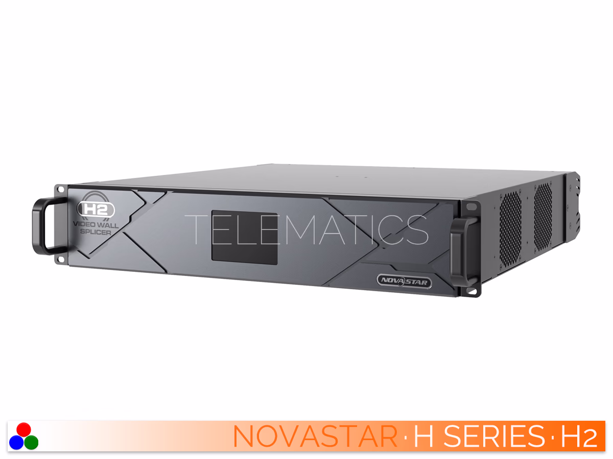The Art Of Control · NovaStar H Series · Telematics Canada Angled left front view of the NovaStar H2 video wall splicer showcasing the chassis and LCD screen.
