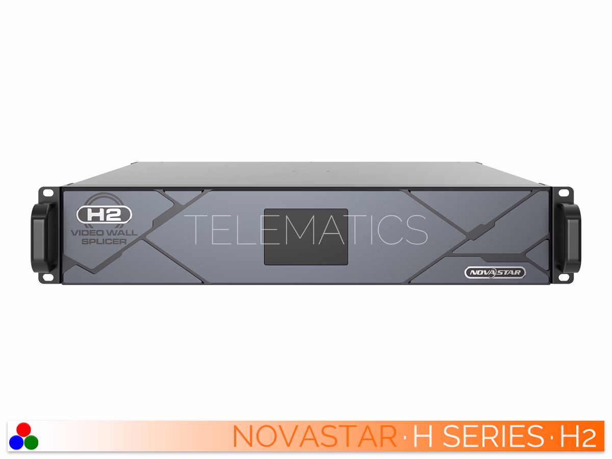 The Art Of Control · NovaStar H Series · Telematics Canada Elevated front panel view of the NovaStar H2 video wall splicer showing the top chassis edge and LCD screen.