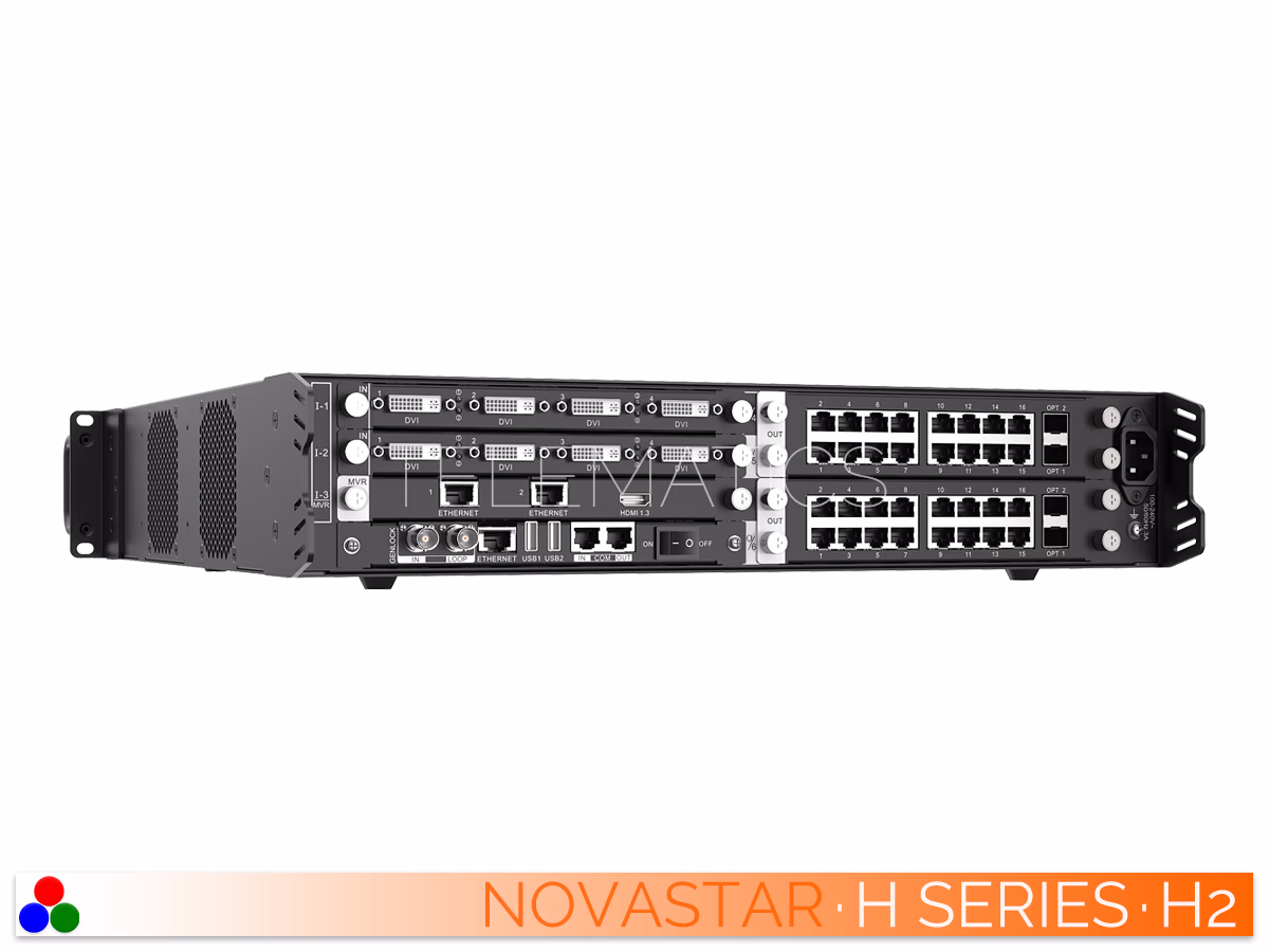 The Art Of Control · NovaStar H Series · Telematics Canada Elevated left rear view of the NovaStar H2 video wall splicer highlighting the chassis depth and modular card installation.
