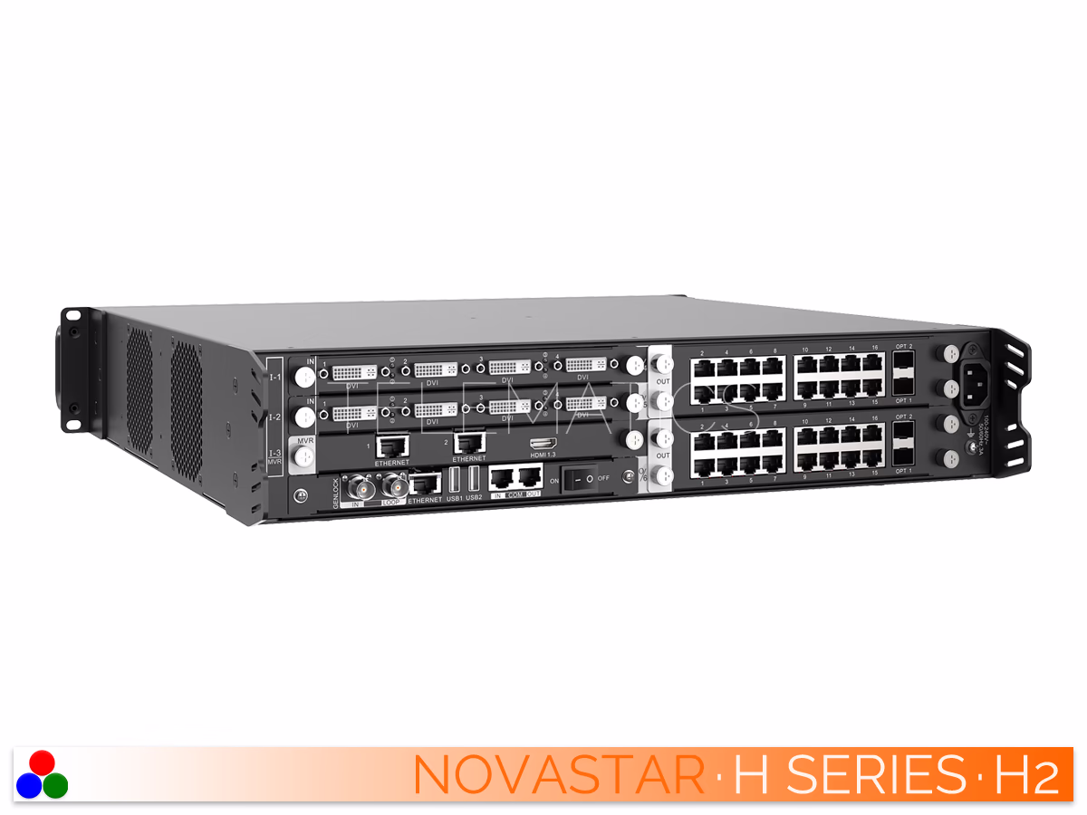 The Art Of Control · NovaStar H Series · Telematics Canada Rear angled left view of the NovaStar H2 video wall splicer displaying modular input and output card configuration.