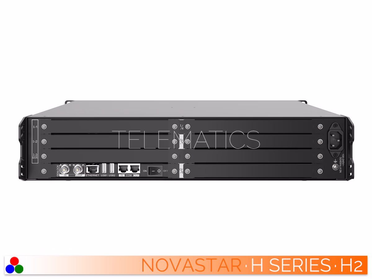 The Art Of Control · NovaStar H Series · Telematics Canada Straight rear panel view of the NovaStar H2 video wall splicer featuring empty modular slots fitted with blank cover plates.