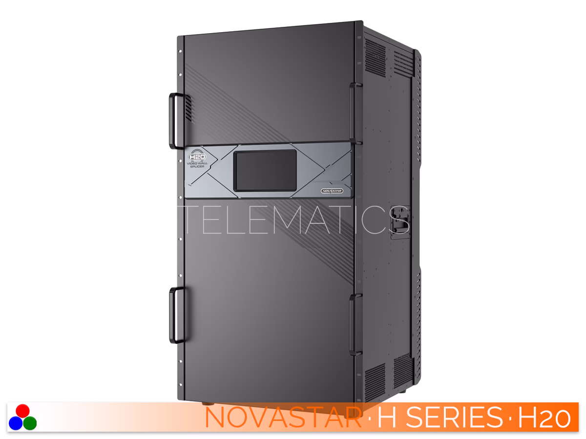 The Art Of Control · NovaStar H Series · Telematics Canada Angled left front view of the NovaStar H20 video wall splicer showcasing the high-capacity rack-mountable chassis and central LCD screen.