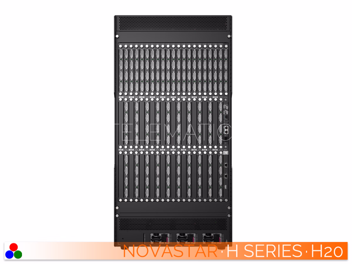 The Art Of Control · NovaStar H Series · Telematics Canada Elevated left rear view of the NovaStar H20 video wall splicer showing chassis depth and populated I/O card slots.