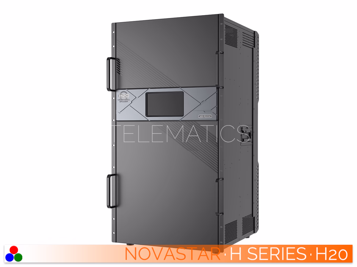 The Art Of Control · NovaStar H Series · Telematics Canada Elevated right rear view of the NovaStar H20 video wall splicer highlighting expansive modular slots and the redundant power supplies.