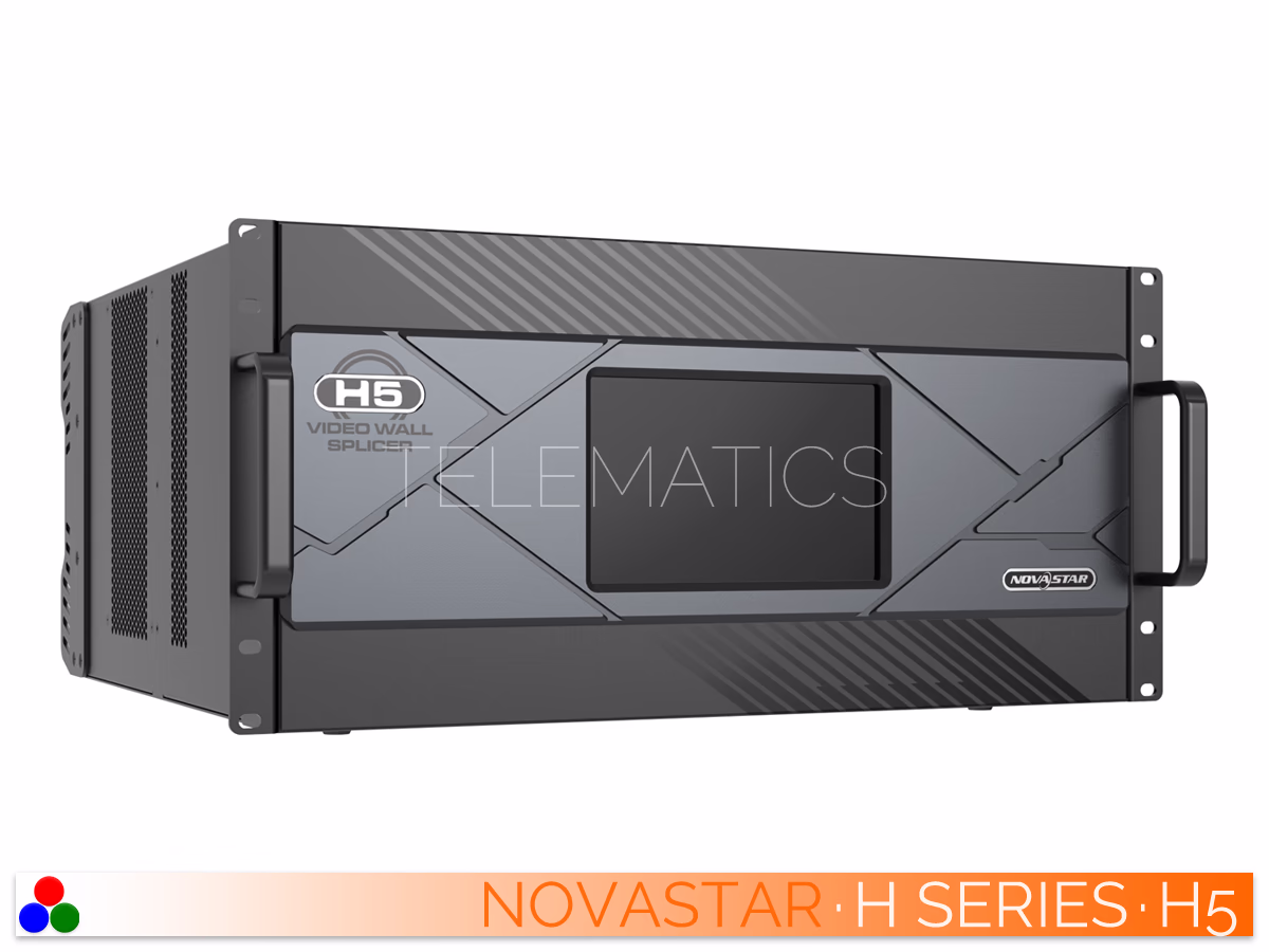 The Art Of Control · NovaStar H Series · Telematics Canada Angled left front view of the NovaStar H5 video wall splicer showcasing the 5U rack-mountable chassis and central LCD screen.