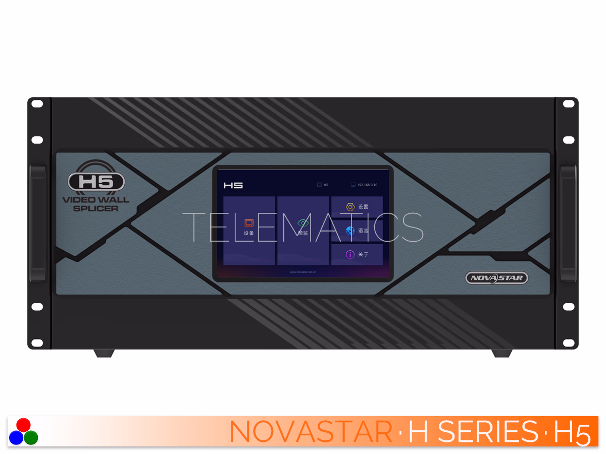 The Art Of Control · NovaStar H Series · Telematics Canada Direct front panel view of the NovaStar H5 video wall splicer displaying the active LCD touchscreen menu interface.