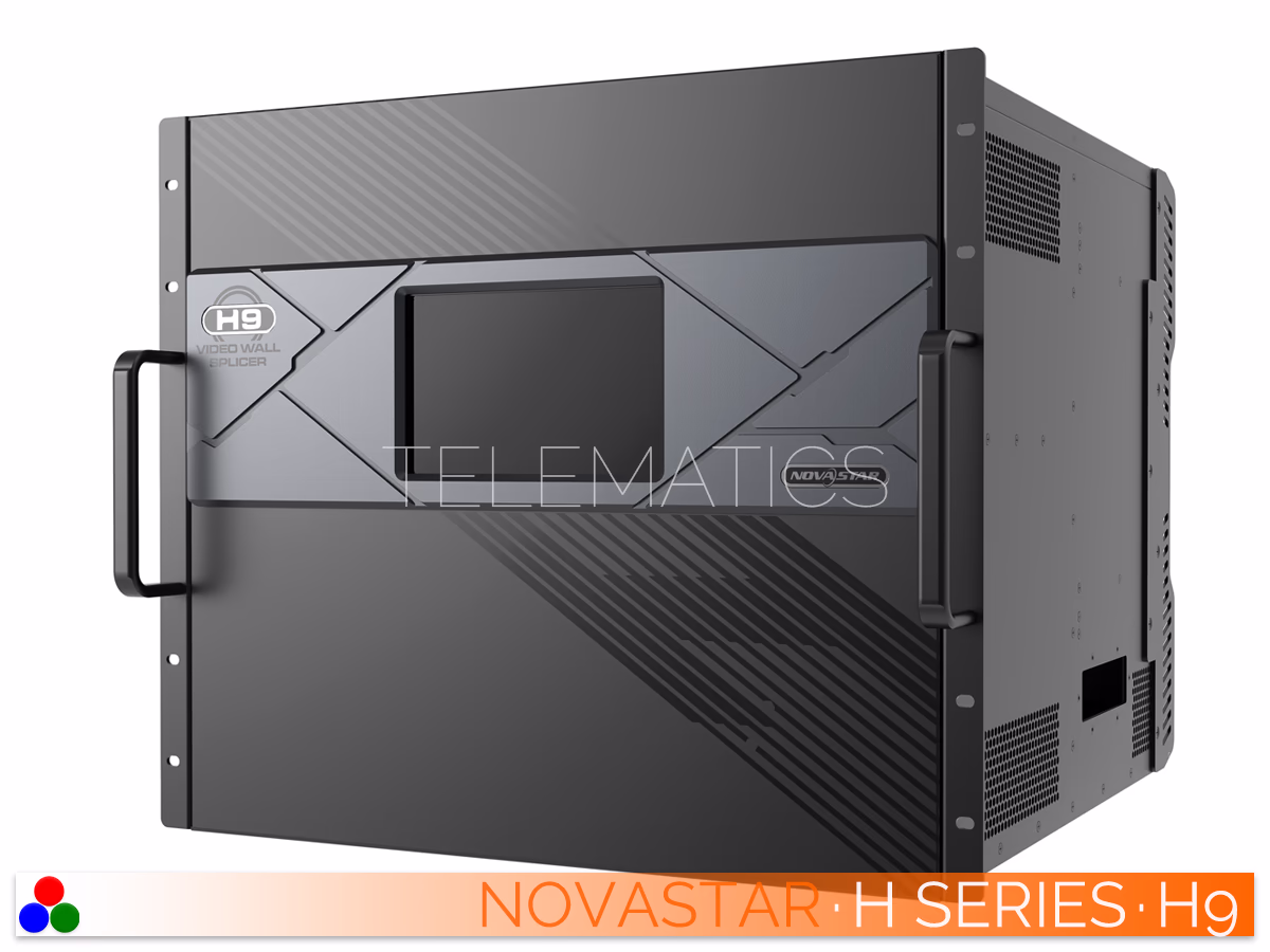 The Art Of Control · NovaStar H Series · Telematics Canada Straight front panel view of the NovaStar H9 video wall splicer featuring the central LCD monitoring screen.