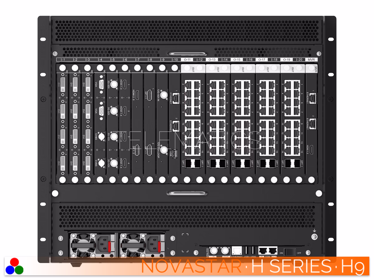 The Art Of Control · NovaStar H Series · Telematics Canada Angled left rear view of the NovaStar H9 video wall splicer displaying communication ports and modular configurations.