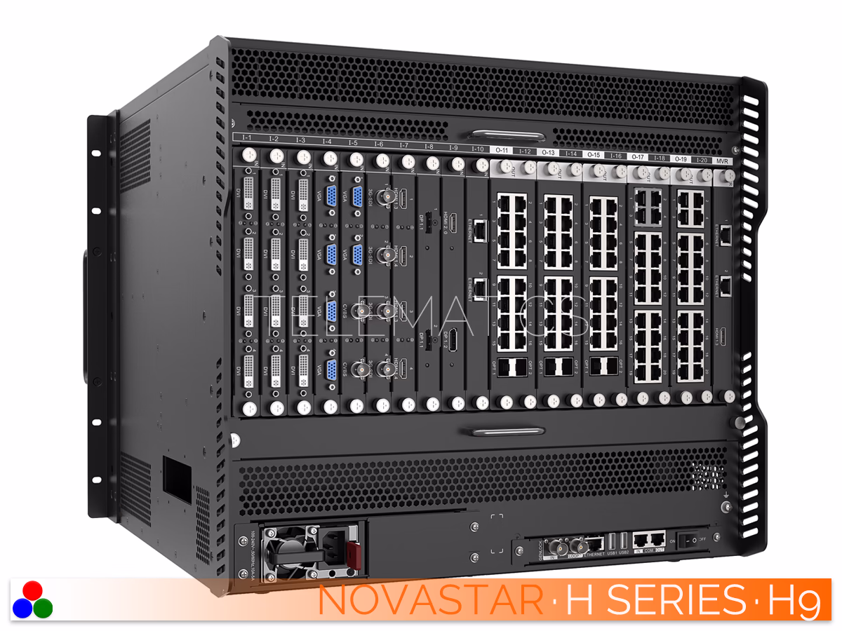 The Art Of Control · NovaStar H Series · Telematics Canada Angled right rear view of the NovaStar H9 video wall splicer showcasing populated modular input and output cards.