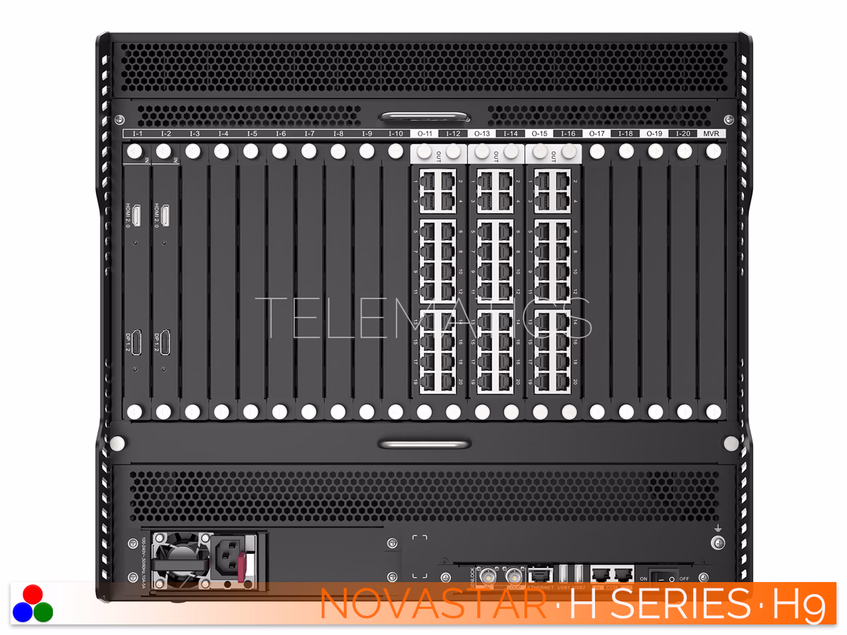 The Art Of Control · NovaStar H Series · Telematics Canada Elevated left rear view of the NovaStar H9 video wall splicer showing chassis depth and populated I/O card slots.