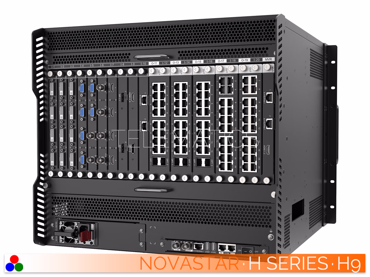 The Art Of Control · NovaStar H Series · Telematics Canada Elevated right rear view of the NovaStar H9 video wall splicer highlighting modular slots and the redundant power supplies.