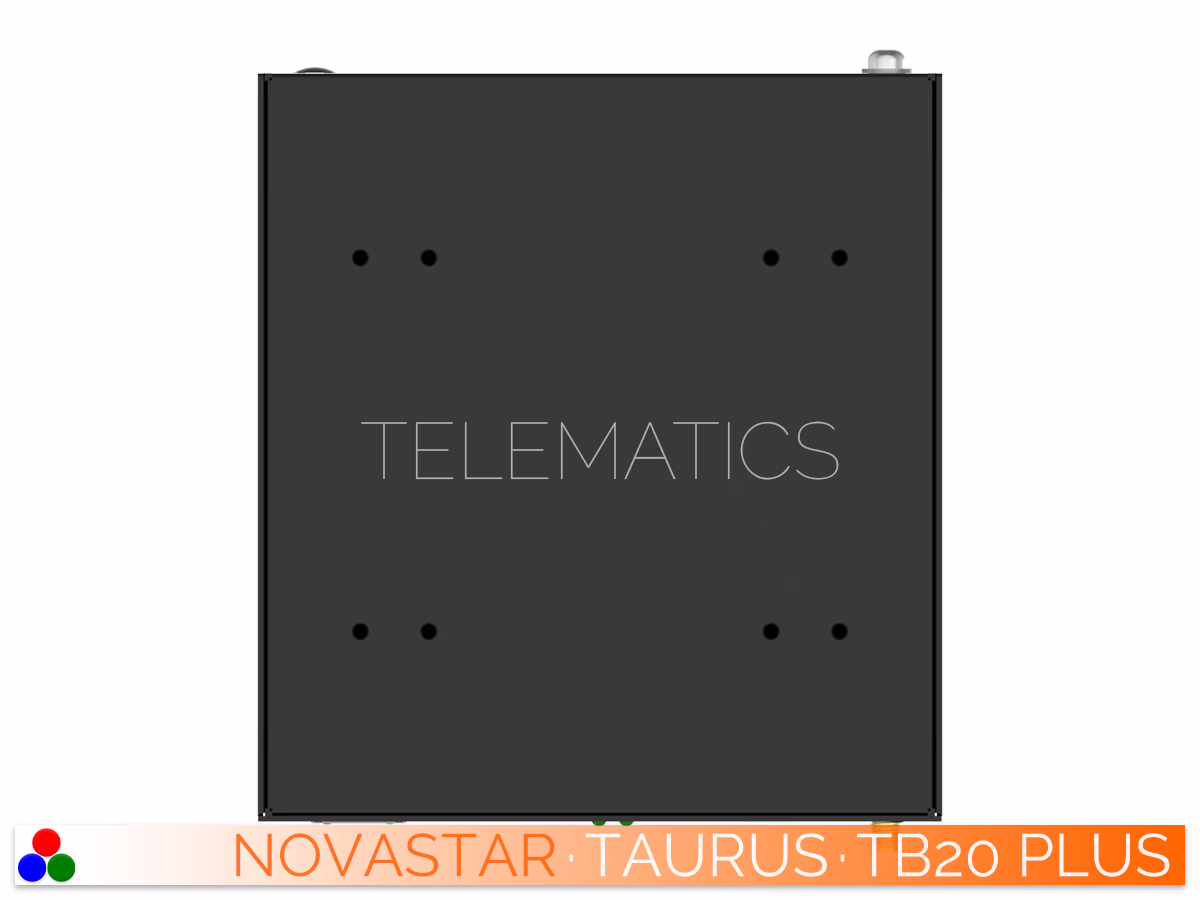 The Art Of Control · NovaStar Taurus Series · Telematics Canada Bottom plate of the NovaStar TB20 Plus showcasing mounting points for fixed installations.
