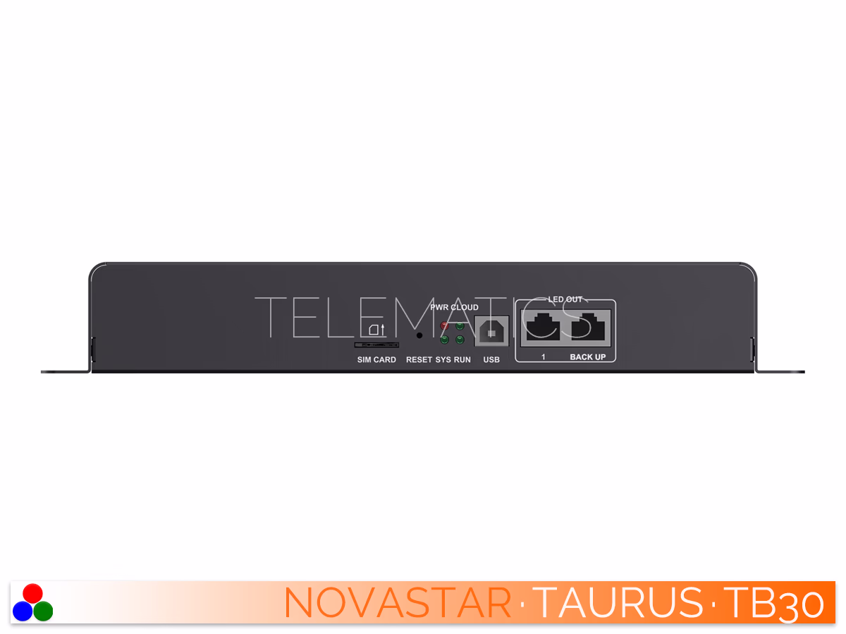 The Art Of Control · NovaStar Taurus Series · Telematics Canada Straight front perspective of the NovaStar TB30 chassis detailing the primary control interface and backup LED output port.