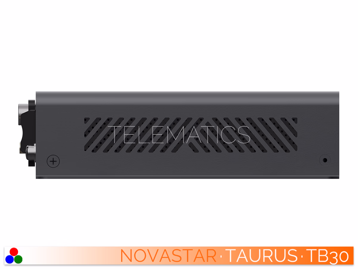The Art Of Control · NovaStar Taurus Series · Telematics Canada Right side profile of the NovaStar Taurus TB30 casing detailing diagonal ventilation slits and the integrated mounting flange.