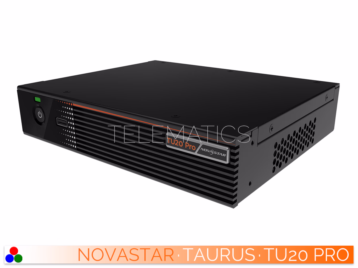 The Art Of Control · NovaStar Taurus Series · Telematics Canada Elevated right-angled perspective of the NovaStar TU20 Pro hardware enclosure detailing side heat dissipation vents.