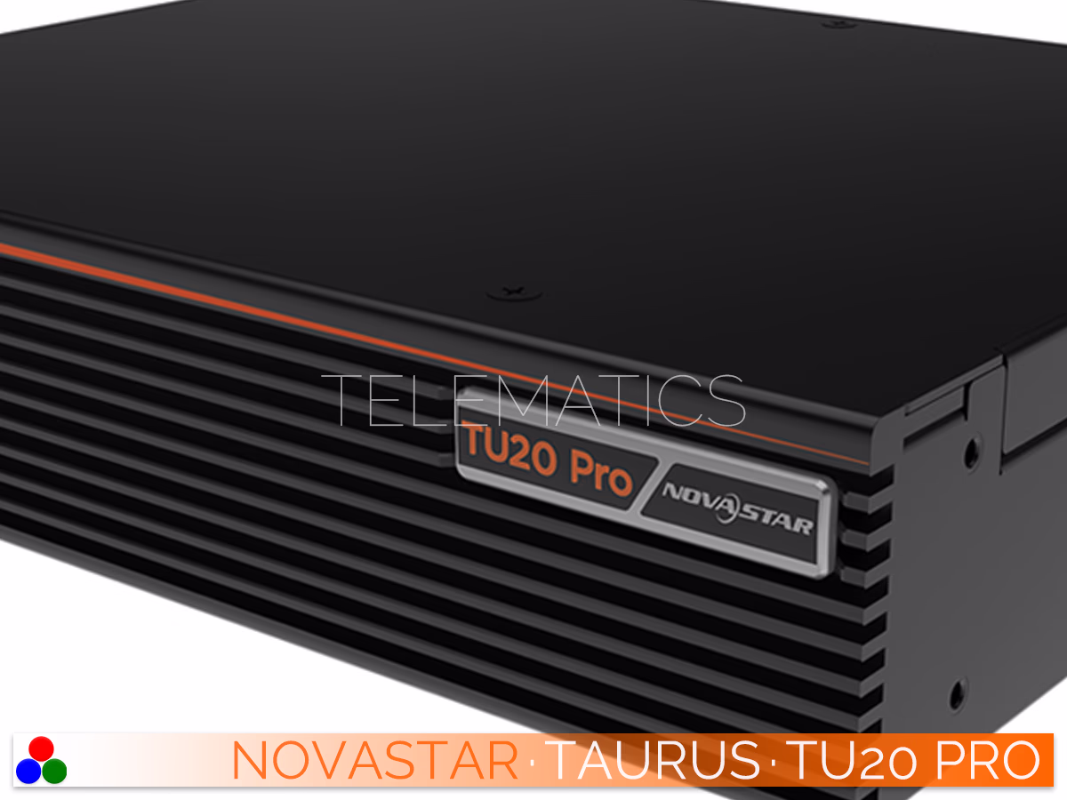 The Art Of Control · NovaStar Taurus Series · Telematics Canada Extreme close-up of the NovaStar Taurus TU20 Pro branding badge on the ribbed front bezel.