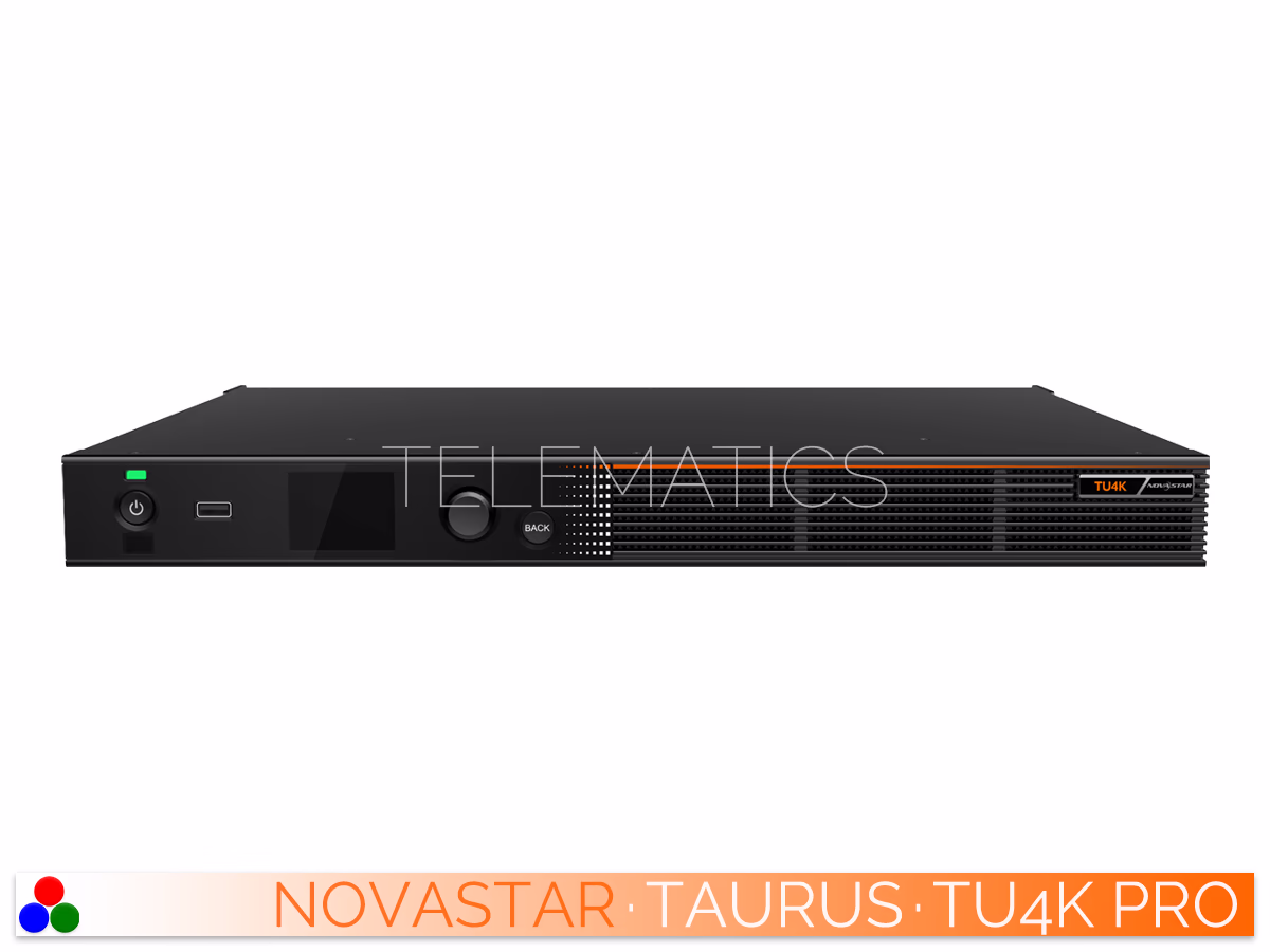 The Art Of Control · NovaStar Taurus Series · Telematics Canada Elevated front perspective of the NovaStar TU4K Pro LED display controller highlighting the top casing and front interface.