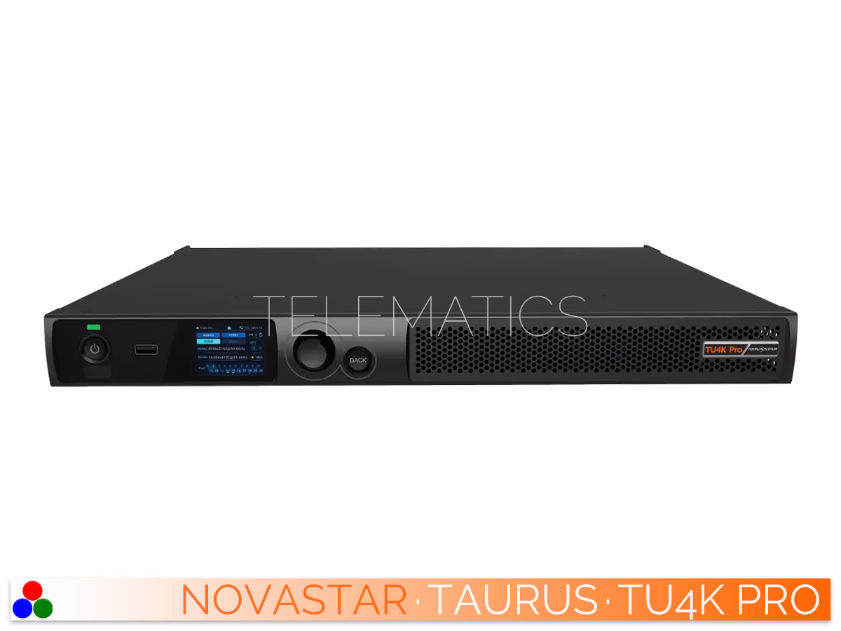 The Art Of Control · NovaStar Taurus Series · Telematics Canada Straight front panel view of the NovaStar TU4K Pro LED playback control processor featuring the LCD screen, control knob, and USB 2.0 port.