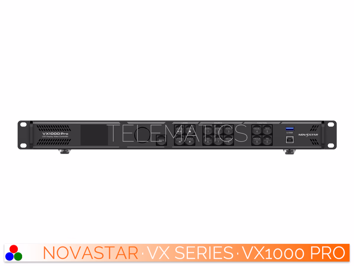 The Art Of Control · NovaStar VX Series · Telematics Canada Straight front panel view of the NovaStar VX1000 Pro All-in-One Controller featuring the center LCD screen and navigation knob.