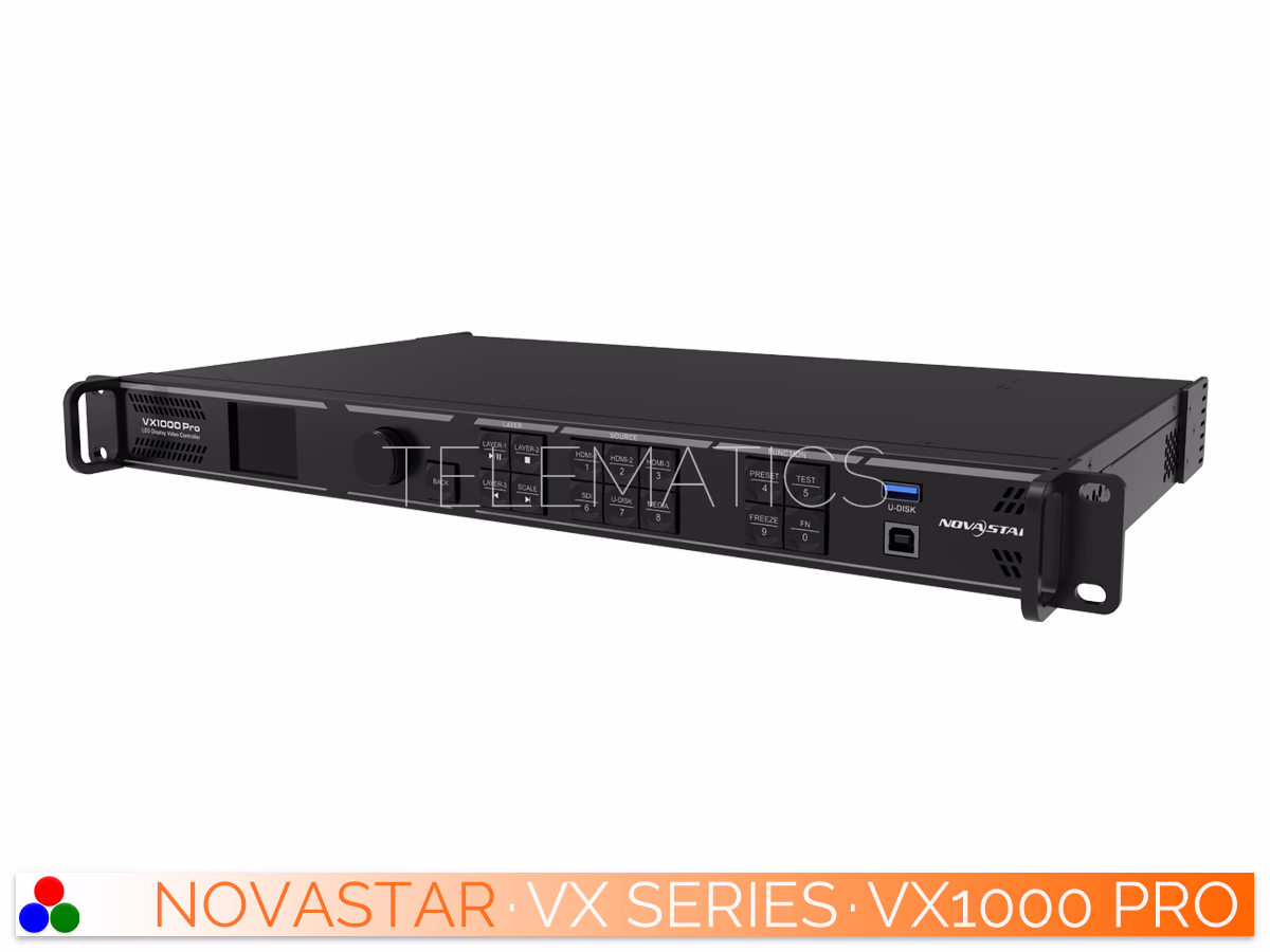 The Art Of Control · NovaStar VX Series · Telematics Canada Right side profile of the NovaStar VX1000 Pro hardware enclosure detailing the heat dissipation ventilation and mounting points.