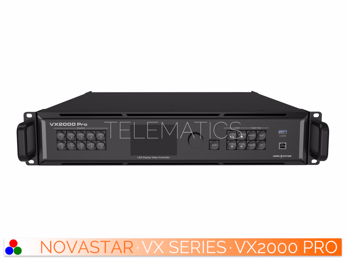 The Art Of Control · NovaStar VX Series · Telematics Canada Left-angled front perspective of the NovaStar VX2000 Pro video controller highlighting the rack mount ears and front interface.