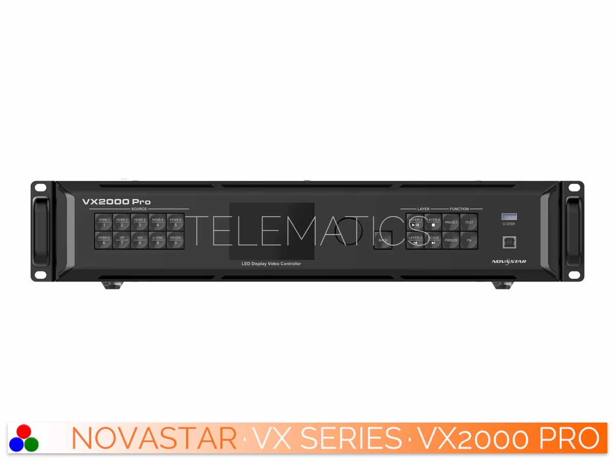The Art Of Control · NovaStar VX Series · Telematics Canada Right-angled front view of the NovaStar VX2000 Pro processor showing the control buttons, display screen, and side ventilation.