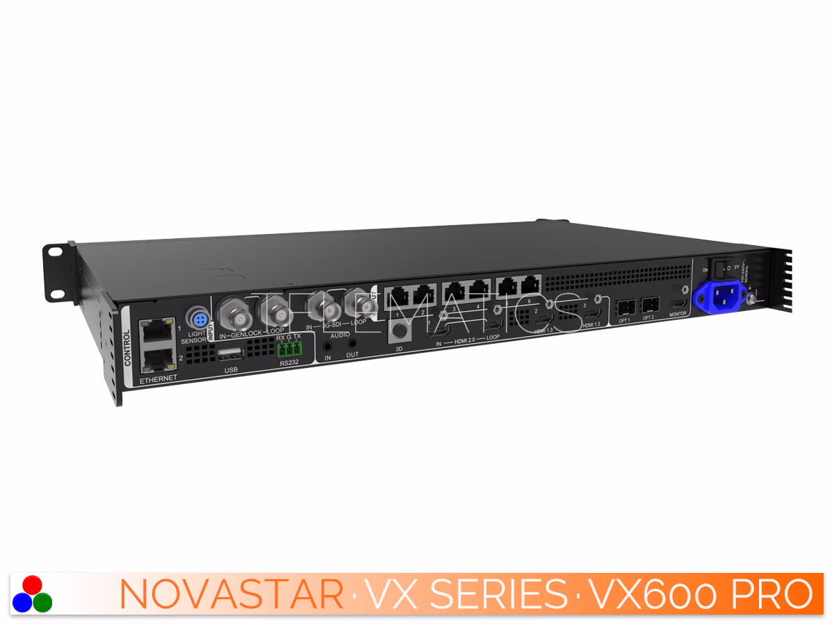 The Art Of Control · NovaStar VX Series · Telematics Canada Left-angled front perspective of the NovaStar VX600 Pro video controller highlighting the rack mount ears and front interface.