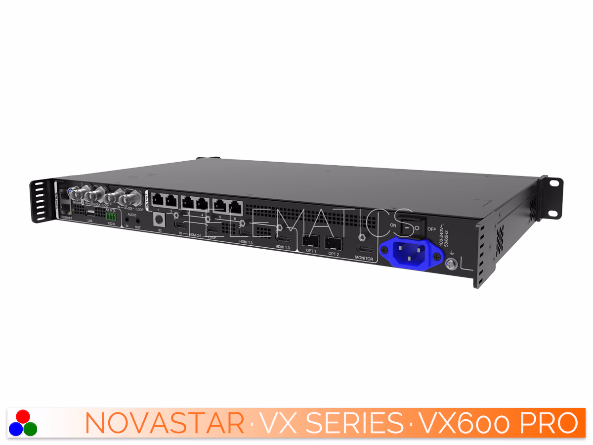 The Art Of Control · NovaStar VX Series · Telematics Canada Right side profile of the NovaStar VX600 Pro hardware enclosure detailing the heat dissipation ventilation and mounting points.