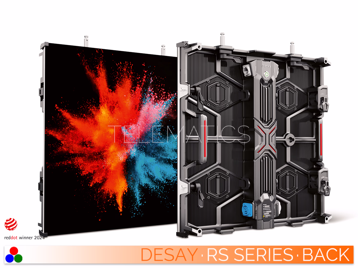 The Art Of LED · Desay RS Series · Telematics Canada Desay RS Series indoor LED display showing high-contrast front visual performance and 2.6mm pixel pitch options alongside the structural rear frame with universal hanging bars.