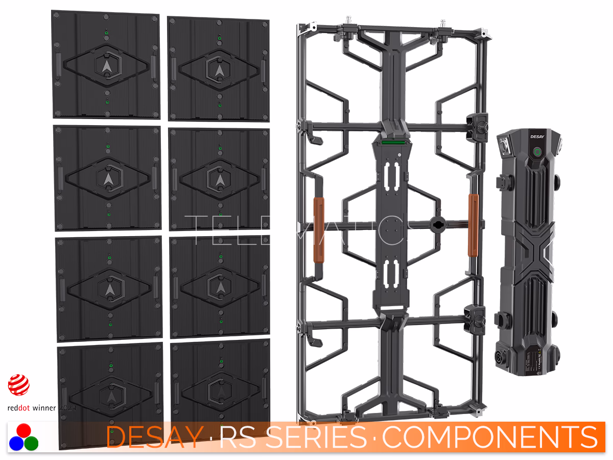 The Art Of LED · Desay RS Series · Telematics Canada Desay RS Series modular component breakdown highlighting the lightweight die-cast aluminum frame, individual 250x250mm LED modules, and the independent power box design for rapid replacement.