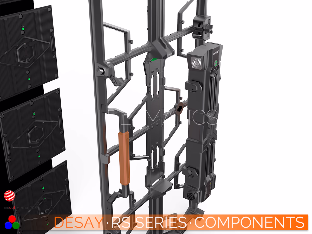 The Art Of LED · Desay RS Series · Telematics Canada Desay RS Series internal structure close-up focusing on the frame's integrated handle design and the seamless mechanical connection of the vertical power box for high-stability rental setups.