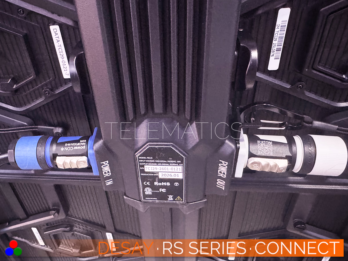 The Art Of LED · Desay RS Series · Telematics Canada Bottom panel interface featuring Neutrik powerCON TRUE1 connectors for reliable power looping on the Desay RS Series rental cabinets.