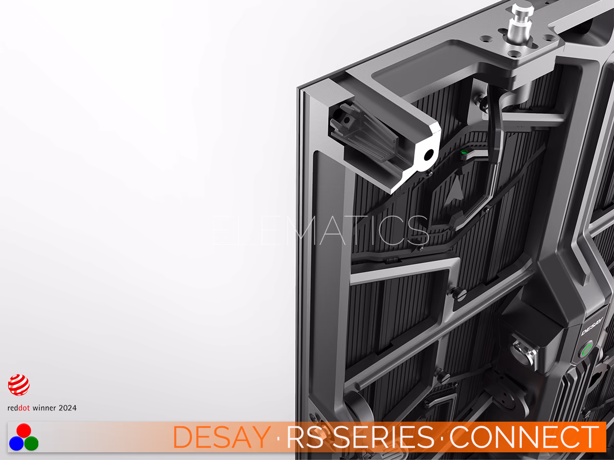 The Art Of LED · Desay RS Series · Telematics Canada Detail of the mechanical corner protector on the Desay RS Series, shown in the open position to shield edge pixels from impact during transport and setup.