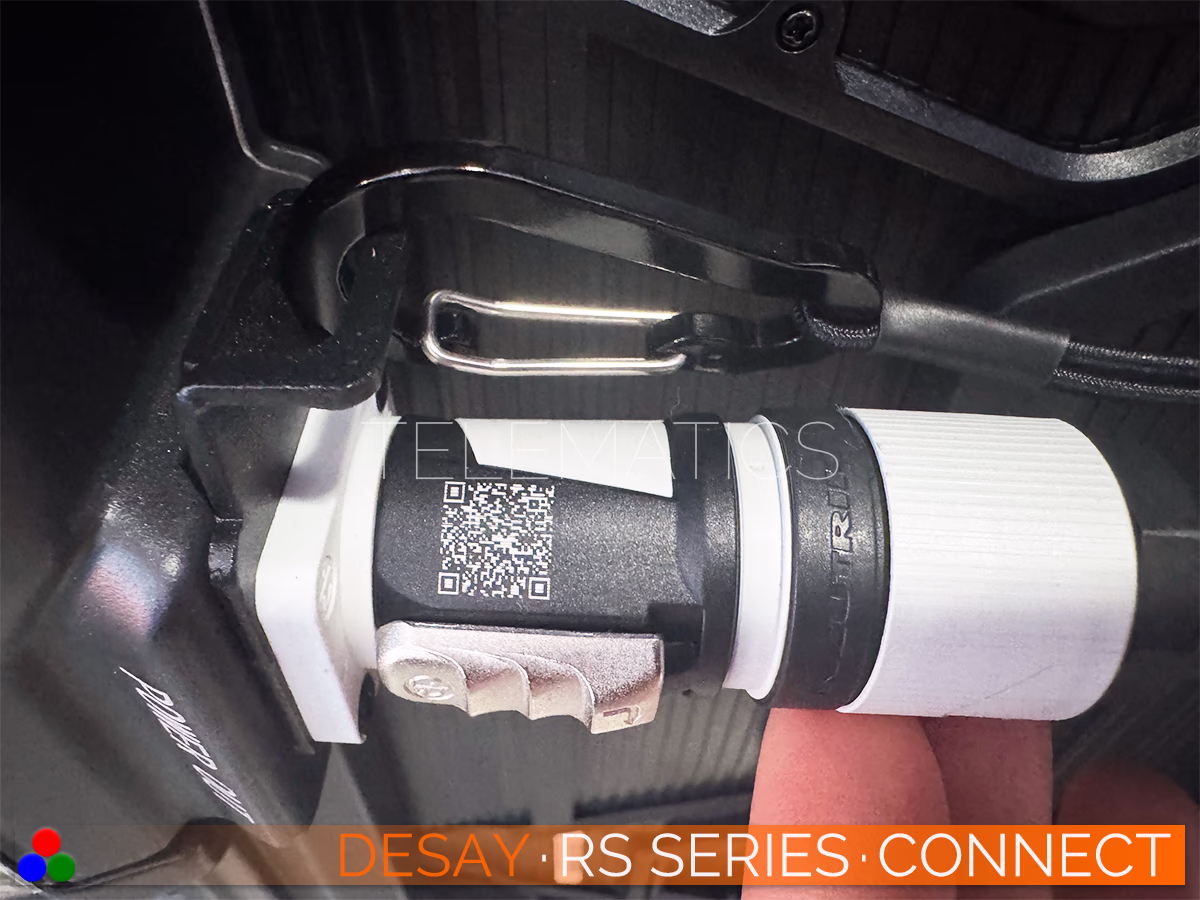 The Art Of LED · Desay RS Series · Telematics Canada High-resolution view of the locking Neutrik power connector used on Desay RS Series panels, featuring a safety release latch to prevent accidental disconnection.