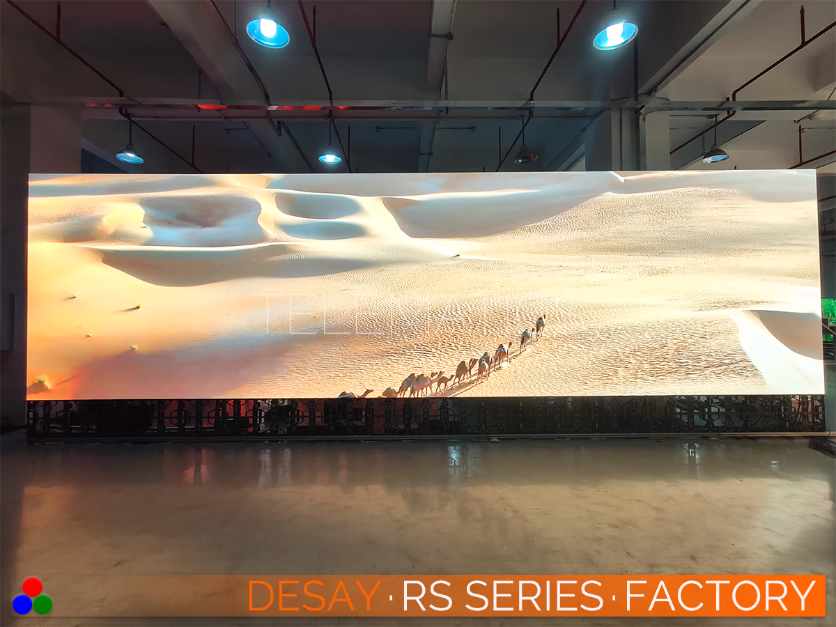 The Art Of LED · Desay RS Series · Telematics Canada Wide-format LED video wall undergoing rigorous burn-in testing with high-contrast desert imagery to verify pixel stability and thermal performance under continuous load.