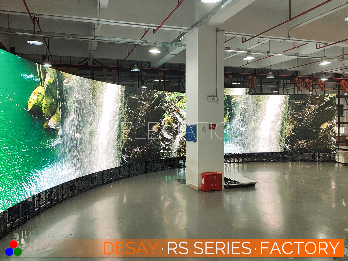 The Art Of LED · Desay RS Series · Telematics Canada Side profile of a curved rental display showing uniform brightness and color calibration across multiple Desay RS Series panels during final quality control procedures.