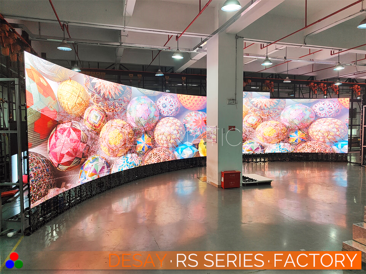 The Art Of LED · Desay RS Series · Telematics Canada High-definition texture test pattern displayed on a concave RS Series array, emphasizing sharp detail handling and module-to-module uniformity for close-viewing audiences.