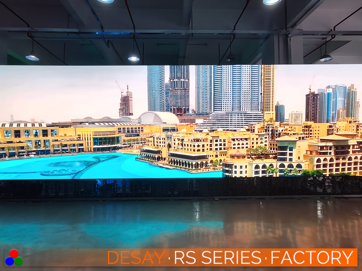 The Art Of LED · Desay RS Series · Telematics Canada High-resolution cityscape displayed to test the fine pitch capabilities of the Desay RS Series, ensuring crisp text and line rendering for corporate presentation environments.