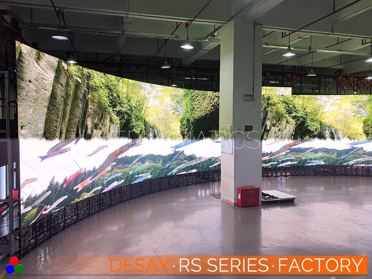 The Art Of LED · Desay RS Series · Telematics Canada Motion handling test on a curved Desay RS Series screen, displaying a transition between high-detail nature scenes to verify refresh rates and artifact-free video playback.